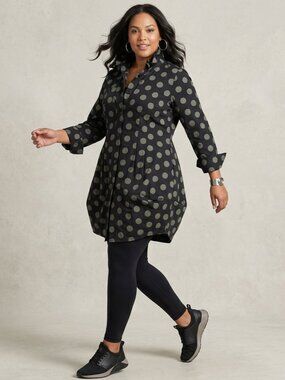 COMFY USA "Tokyo Tunic" Button Front Long Sleeve Bubble Hem Black/Gray Dots XL
